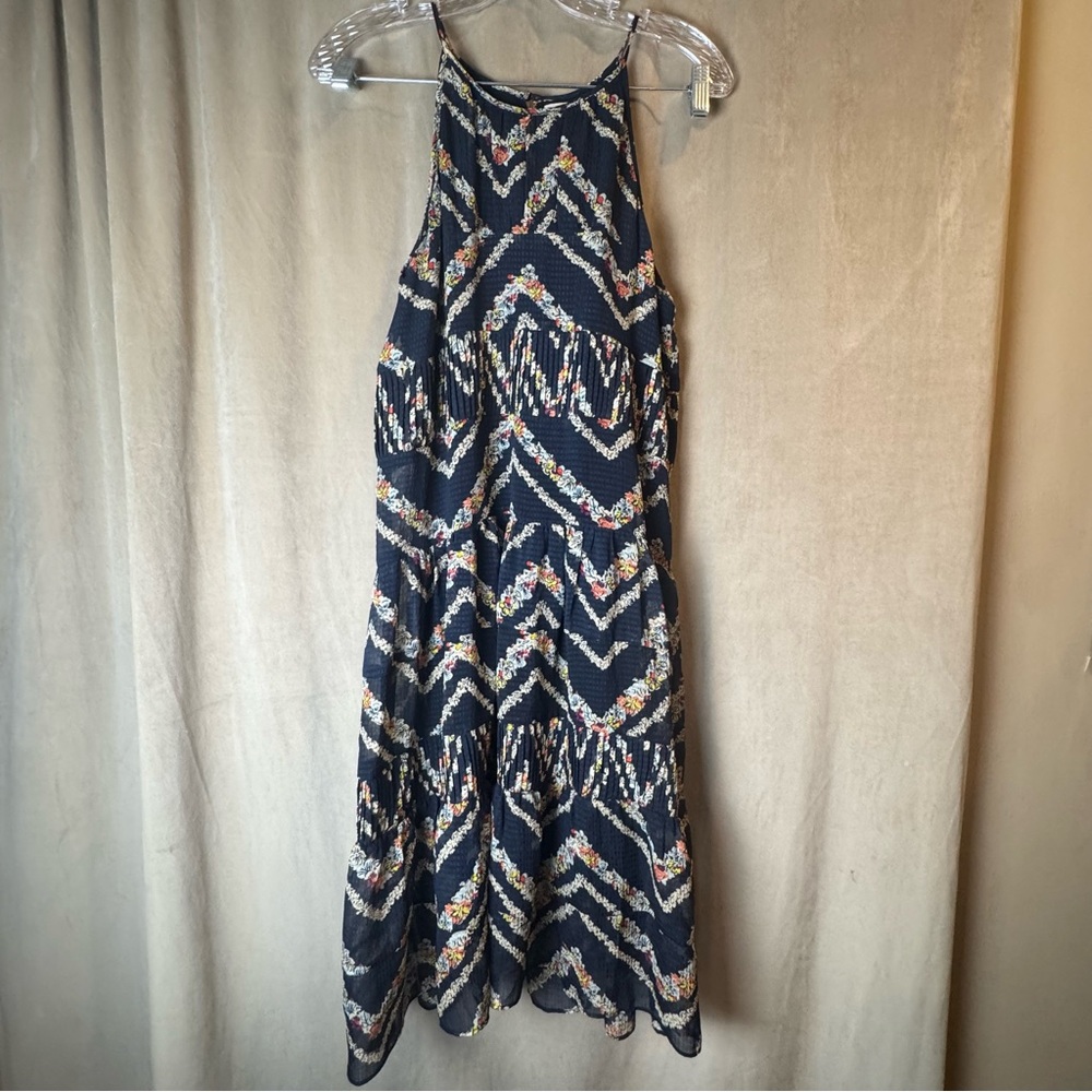 HD In Paris Anthropology Navy Tiered Midi Dress Size XS high neck Floral Chevron